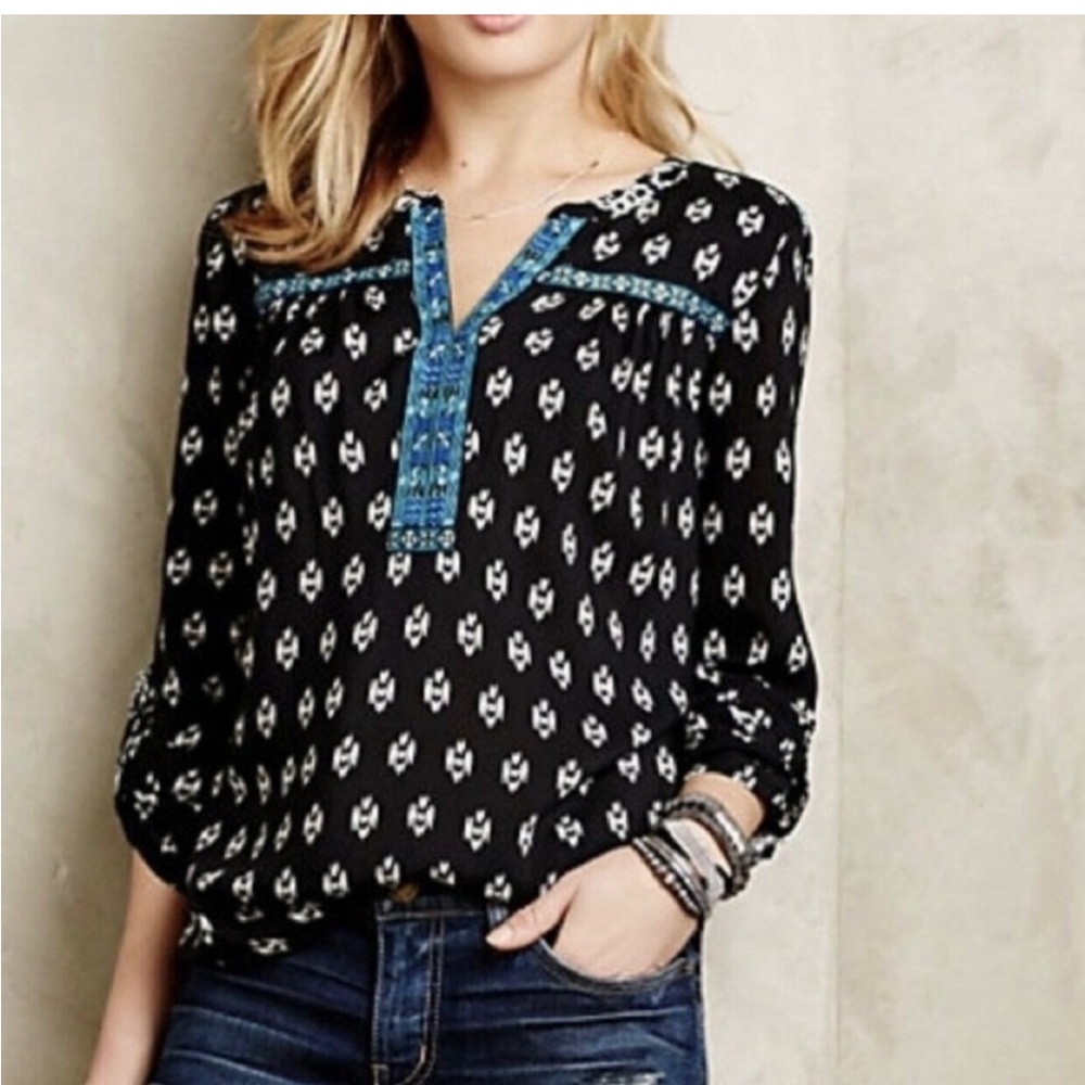 Anthropologie One September Mataura Peasant Boho Pullover Top in Black S